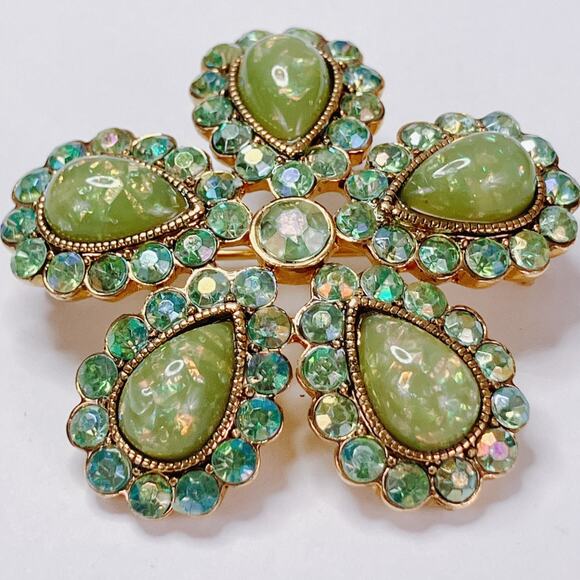 VTG 1960s Brooch Green Cabochons Rhinestones Starburst Sparkling Opal-Look MCM - Picture 4 of 15